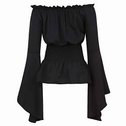 Mittelalter Kleidung Damen Bluse Trompetenärmel Kostüm Gothic T-Shirt Tops elegant sexy Vintage RETR Halloween Cosplay schwarz 2XL von Jutrisujo