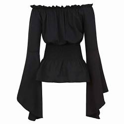 Mittelalter Kleidung Damen Bluse Trompetenärmel Kostüm Gothic T-Shirt Tops elegant sexy Vintage RETR Halloween Cosplay schwarz M von Jutrisujo