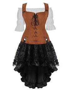 Mittelalter Kleidung Kleid Renaissance Rock Weste Bluse 3 Pcs Damen Pirat Kostüm Gothic Mantel Steampunk Cosplay Halloween Karneval Braun M von Jutrisujo
