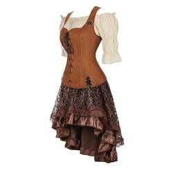 Mittelalter Kleidung Kleid Weste mit Bluse 3Set Damen Piraten Rock Kostüm Gothic Mantel Steampunk Renaissance Cosplay Top Halloween Braun L von Jutrisujo