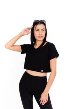 K-BRIGHT Damen Crop Top Kurzarm Basic Nachhaltig Bio Baumwolle Freizeit Sportoberteil Essential Shirt Gym Tshirt Bauchfrei Fitness Vegan GOTS (Schwarz) (L) von K-BRIGHT