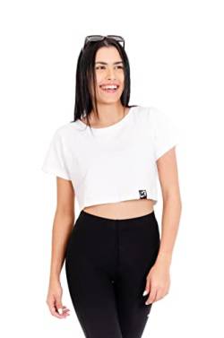 K-BRIGHT Damen Crop Top Kurzarm Basic Nachhaltig Bio Baumwolle Freizeit Sportoberteil Essential Shirt Gym Tshirt Bauchfrei Fitness Vegan GOTS (Weiß) (L) von K-BRIGHT