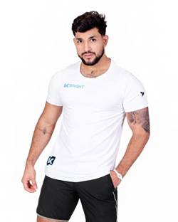 K-BRIGHT Herren T-Shirt Kurzarm Nachhaltig Premium Bio Baumwolle Slim Fit T-Shirt Sport Shirt Gym Shirt Tshirt Herren Vegan GOTS (Weiß/Blau) (L) von K-BRIGHT