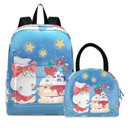 Blue Star Bunny Hasenkuchen Büchertasche Lunchpaket Set Schulter Rucksacks Bookbag Kinderrucksack Isolierte Lunchbox-Tasche für Mädchen Jungs von KAAVIYO