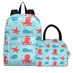 Cartoon-Hai-Kunst Büchertasche Lunchpaket Set Schulter Rucksacks Bookbag Kinderrucksack Isolierte Lunchbox-Tasche für Mädchen Jungs von KAAVIYO