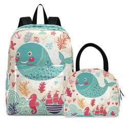 Cartoon-Kunstfisch Büchertasche Lunchpaket Set Schulter Rucksacks Bookbag Kinderrucksack Isolierte Lunchbox-Tasche für Mädchen Jungs von KAAVIYO