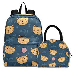 Catoon-Katzenfisch Büchertasche Lunchpaket Set Schulter Rucksacks Bookbag Kinderrucksack Isolierte Lunchbox-Tasche für Mädchen Jungs von KAAVIYO