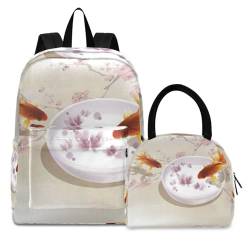 Gänseblümchen Japanischer Fisch Büchertasche Lunchpaket Set Schulter Rucksacks Bookbag Kinderrucksack Isolierte Lunchbox-Tasche für Mädchen Jungs von KAAVIYO