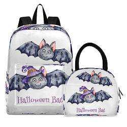 Halloween-Fledermauskatze Büchertasche Lunchpaket Set Schulter Rucksacks Bookbag Kinderrucksack Isolierte Lunchbox-Tasche für Mädchen Jungs von KAAVIYO
