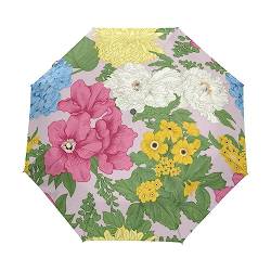 Helle Handgemalte Blumen Regenschirm Taschenschirm Auf-Zu Automatik Schirme Winddicht Leicht Kompakt UV-Schutz Reise Schirm für Jungen Mädchen Strand Frauen von KAAVIYO