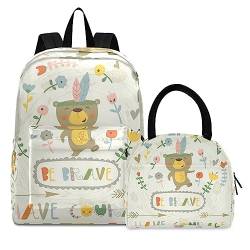 KAAVIYO Bunter Blumentanzbär Büchertasche Lunchpaket Set Schulter Rucksacks Bookbag Kinderrucksack Isolierte Lunchbox-Tasche für Mädchen Jungs von KAAVIYO