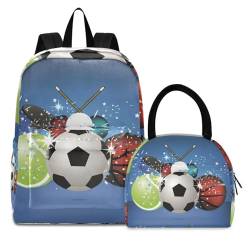 KAAVIYO Kunst Fußball Basketball Büchertasche Lunchpaket Set Schulter Rucksacks Bookbag Kinderrucksack Isolierte Lunchbox-Tasche für Mädchen Jungs von KAAVIYO