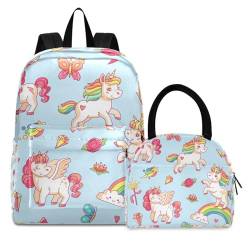 KAAVIYO Rosa Regenbogen-Einhorn Büchertasche Lunchpaket Set Schulter Rucksacks Bookbag Kinderrucksack Isolierte Lunchbox-Tasche für Mädchen Jungs von KAAVIYO