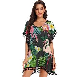 KAAVIYO Vogelblätter Tropischer Flamingo Chiffon Bademode Strand Vertuschen Damen Strandkleid Bikini Sommer Cover Up von KAAVIYO