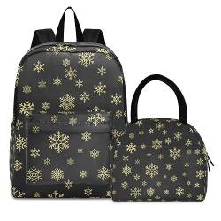KAAVIYO Weihnachtsgoldschneeflocken Büchertasche Lunchpaket Set Schulter Rucksacks Bookbag Kinderrucksack Isolierte Lunchbox-Tasche für Mädchen Jungs von KAAVIYO