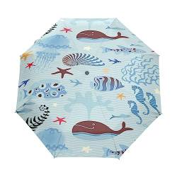 Ozean-Cartoon-Fischpflanze Regenschirm Taschenschirm Auf-Zu Automatik Schirme Winddicht Leicht Kompakt UV-Schutz Reise Schirm für Jungen Mädchen Strand Frauen von KAAVIYO