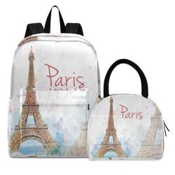 Pariser Turm Kunst Büchertasche Lunchpaket Set Schulter Rucksacks Bookbag Kinderrucksack Isolierte Lunchbox-Tasche für Mädchen Jungs von KAAVIYO