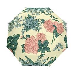 Pflanze Blume Floral Vintage Regenschirm Taschenschirm Auf-Zu Automatik Schirme Winddicht Leicht Kompakt UV-Schutz Reise Schirm für Jungen Mädchen Strand Frauen von KAAVIYO