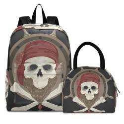 Piratenkapitänschädel Büchertasche Lunchpaket Set Schulter Rucksacks Bookbag Kinderrucksack Isolierte Lunchbox-Tasche für Mädchen Jungs von KAAVIYO