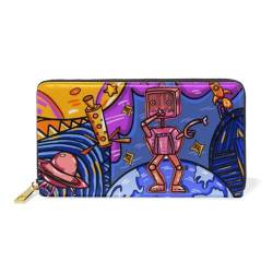 Roboter Cartoon Weltraumplanet Leder Brieftasche Reißverschluss Geldbörse Telefon Kreditkartenetui Portemonnaie Wallet für Frauen Mädchen Männer von KAAVIYO