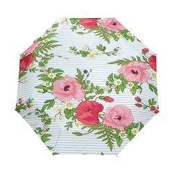Streifen Blume Hell Floral Regenschirm Taschenschirm Auf-Zu Automatik Schirme Winddicht Leicht Kompakt UV-Schutz Reise Schirm für Jungen Mädchen Strand Frauen von KAAVIYO