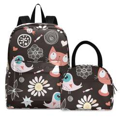 Süßer Katzenvogel Büchertasche Lunchpaket Set Schulter Rucksacks Bookbag Kinderrucksack Isolierte Lunchbox-Tasche für Mädchen Jungs von KAAVIYO