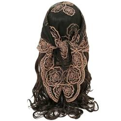 KABAKE Damen Kopftuch mit Blumenstickerei, groß, 80 cm, durchsichtiges Haarband, Bandana für Frauen und Mädchen, Schwarze bestickte Rose, Large von KABAKE