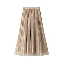 VBHJK High Waist Rock Damen,Frauen Pure Color Mesh Einfache Mode Sommer High Waist Elastic Stretchy Plissee Basic Casual Midi Maxirock Für Dame Mädchen Party Prom Bürorock, Beige, One Size von KADIBEER