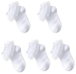 KAIAIWLUO Baby Rüschen Socken,5 Paar Mädchen Spitzen Söckchen Spitze Kindersocken Baumwolle Rüschen Spitze Taufe Socken Sommer Weiße Baumwollsocken für 0-3 Jahre Mädchen von KAIAIWLUO