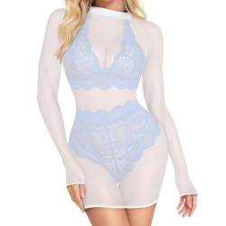 KAIOWPEIC Durchsichtiges Blusenkleid Sexy für Damen Weiß,Sexy Outfit für Damen Netzkleider Damen Sexy Netzkleider Damen Mesh Oberteil Damen Durchsichtiger Netzstoff-Bodysuit für Damen(L) von KAIOWPEIC