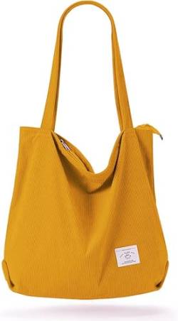 KALIDI Damen Cord-Tragetasche mit Reißverschluss, lässige Handtasche, große Kapazität, Schultertasche mit Taschen, gelb, Large von KALIDI FANCY FOREST