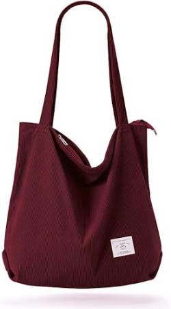 KALIDI Damen-Handtasche aus Cord, mit Reißverschluss, lässig, große Kapazität, Schultertasche mit Taschen, rot von KALIDI FANCY FOREST