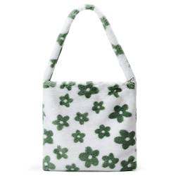 KALIDI Plüsch Handtasche mit Reißverschluss Niedlich Flauschige Crossbody Bag Damen Schultertasche für Uni Mädchen, Grüne Blumen von KALIDI FANCY FOREST
