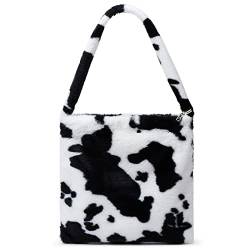 KALIDI Plüsch Handtasche mit Reißverschluss Niedlich Flauschige Crossbody Bag Damen Schultertasche für Uni Mädchen, Kuh-Druck von KALIDI FANCY FOREST
