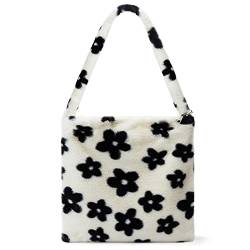 KALIDI Plüsch Handtasche mit Reißverschluss Niedlich Flauschige Crossbody Bag Damen Schultertasche für Uni Mädchen, Schwarze Blumen von KALIDI FANCY FOREST