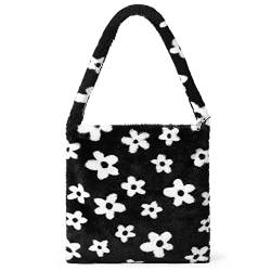 KALIDI Plüsch Handtasche mit Reißverschluss Niedlich Flauschige Crossbody Bag Damen Schultertasche für Uni Mädchen, Weiße Blumen von KALIDI FANCY FOREST