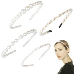 4 Stück Perlen-Stirnbänder, weiße Perlen-Strass-Haarbänder, dünne Metall-Braut-Hochzeits-Kopfbänder, Haarreifen-Zubehör für Frauen und Mädchen von KALIONE