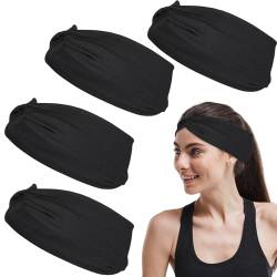 4 Stück breite schwarze Stirnbänder für Frauen, dehnbare Turban-Stirnbänder, weich absorbiertes Sport-Stirnband, Yoga-Stirnbänder für Frauen, rutschfeste, gedrehte Knoten-Kopfwickel von KALIONE