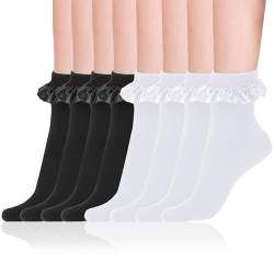 KALIONE 4 Paar Rüschen Socken Damen, Damen Rüschen Socken weiche Rüschensocken modische Damen-Prinzessinnensocken süße Prinzessinnen-Kleidersocken für Frauen und Mädchen (2 Paar schwarz + 2 Paar weiß) von KALIONE