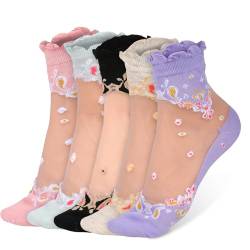 KALIONE 5 Paar ausgefallene Socken für Damen, transparente Netzsocken, durchsichtige Spitzen-Söckchen, transparente Blumensocken, ultradünne Netzsocken von KALIONE
