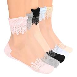 KALIONE 5 Paar durchsichtige Crew-Socken aus Netzstoff für Damen, niedliche, durchsichtige Netzstrümpfe aus ultradünnem Tüll, durchsichtige Knöchelsocken, No-Show-Socken für Damen und Mädchen von KALIONE