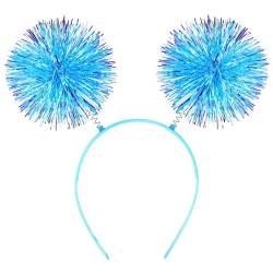 KALIONE Folienstreifen Pom Pom Stirnbänder Blau Lametta Stirnband Flauschige Ball Haarschlaufe Disco Fuzzy Balls Fashion Stirnband für Frauen Mädchen Halloween Geburtstag Weihnachten Party von KALIONE