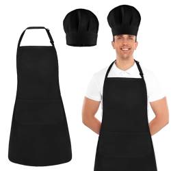 KALIONE Kochmütze und Schürze Set, Kochmütze und Metzgerschürze für Erwachsene, Koch Kostüm, Verstellbare Schürze mit Tasche, kochschürze Männer und Frauen (Schwarz) von KALIONE
