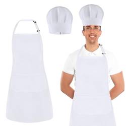 KALIONE Kochmütze und Schürze Set, Kochmütze und Metzgerschürze für Erwachsene, Koch Kostüm, Verstellbare Schürze mit Tasche, kochschürze Männer und Frauen (Weiß) von KALIONE
