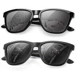 KALIYADI Klassische rechteckige Sonnenbrille für Männer und Frauen, polarisierende Sonnenbrille mit UV-Schutz (2 PACK Glänzende schwarze Rahmen graue + Mattschwarzer Rahmen graue) von KALIYADI