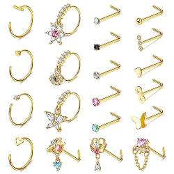 KALVICA 20 Pieces Nasenpiercing Set 20G Edelstahl Nasenpiercing Schwarz Silbrig Golden Mond Roségold Herz Iris Japonica CZ Anhänger Nasenpiercing Stecker für Männer von KALVICA