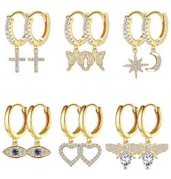 KALVICA 6 Paar Gold Creolen Ohrringe für Damen Mädchen 14 Karat Vergoldete Ohrringe Hängend Gold Creolen mit Zirkonia Gold Ohrringe Perlen Evil Eye Sterne Hängende Ohrringe Creolen Set von KALVICA