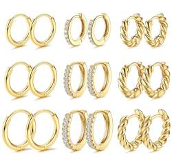 KALVICA 9 Paare Gold Creolen Ohrringe für Damen Mädchen 14K Vergoldet Kleine Twisted Herz Huggie Creolen Mode Chunky Gold Ohrringe Set von KALVICA