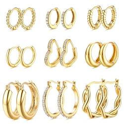 KALVICA 9 Paare Gold Creolen Ohrringe für Damen Mädchen 14K Vergoldet Kleine Twisted Herz Huggie Creolen Mode Chunky Gold Ohrringe Set von KALVICA