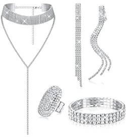 KALVICA Hochzeit Schmuckset für Damen Strass Armband Armreif Quaste Choker Halskette Ring Baumeln Fransen Ohrringe Strass Kristall Schmuck Set Für Braut Hochzeit Party Silber von KALVICA